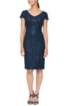 Alex Evenings Sequin Corded Lace Cocktail Dress In Navy