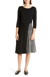 Misook Pleated Contrast Panel Soft Knit Dress In Black White