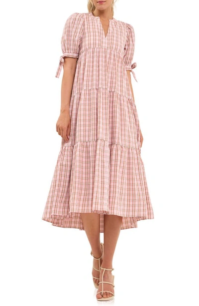 English Factory Plaid Tiered Midi Dress In Pink Multi