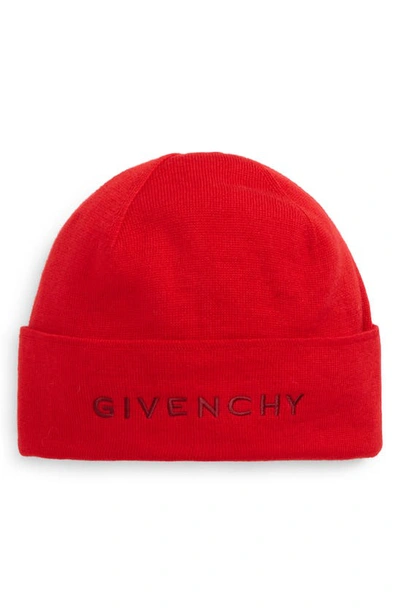 Givenchy Embroidered Wool Logo Beanie In Red