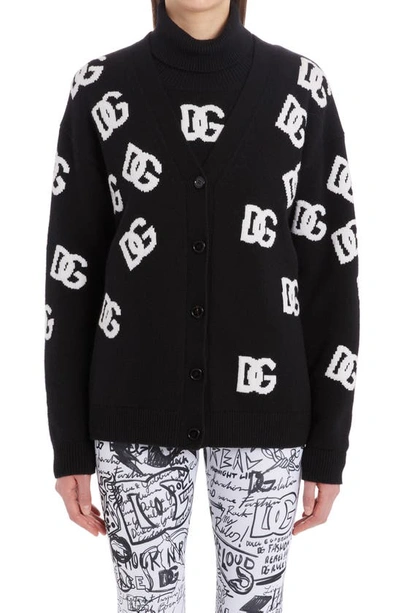 Dolce & Gabbana Virgin Wool Cardigan With Inlaid Dg Logo In Black