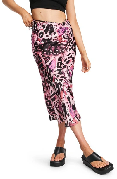 Asos Design Print Ruched Satin Midi Skirt In Multi ModeSens
