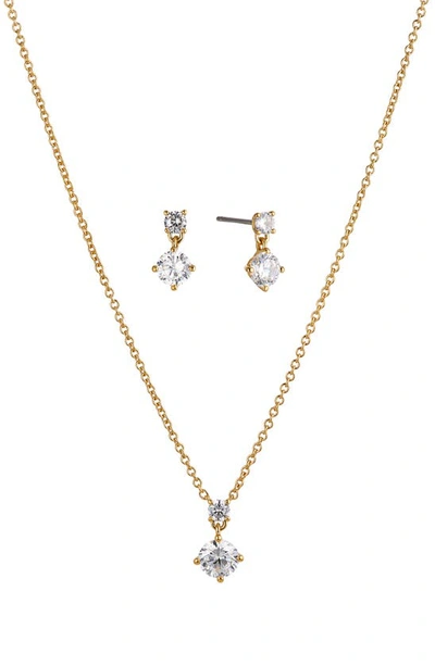 Nadri Bridesmaids Drop Earrings & Pendant Necklace Solitaire Set In Gold