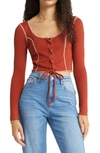 Bp. Lace-up Long Sleeve Crop Top In Rust Henna