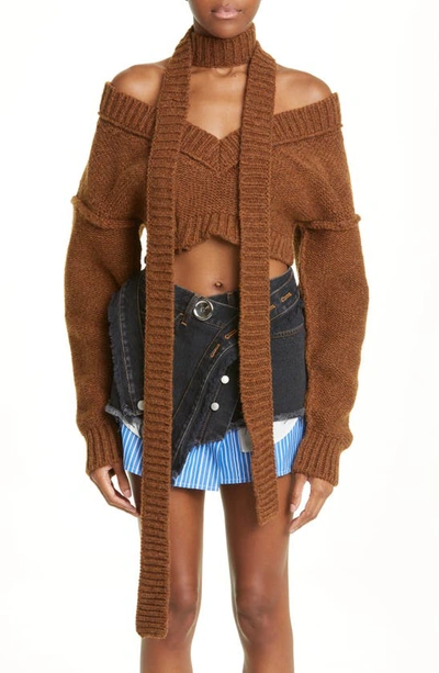 Meryll Rogge Off The Shoulder Crop Shetland Wool Sweater & Scarf In Brown