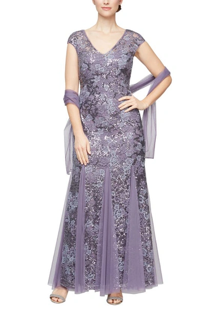 Alex Evenings Sequin Embroidered Trumpet Gown In Icy Orchid