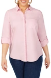 Foxcroft Charlie Roll Tab Non-iron Cotton Button-up Shirt In Chambray Pink
