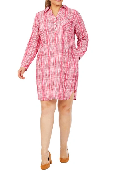 Foxcroft Delaney Plaid Long Sleeve Popover Shirtdress In Rose Red