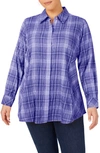 Foxcroft Cici Plaid Non-iron Button-up Tunic Shirt In Indigo
