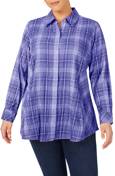 Foxcroft Cici Plaid Non-iron Button-up Tunic Shirt In Indigo