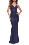 La Femme Sequin Trumpet Gown In Navy