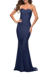 La Femme Strapless Jersey Trumpet Gown In Navy