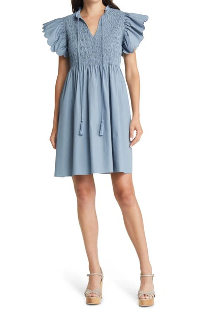 Moon River Scalloped Sleeve Smocked Cotton Dress In Dusty Blue