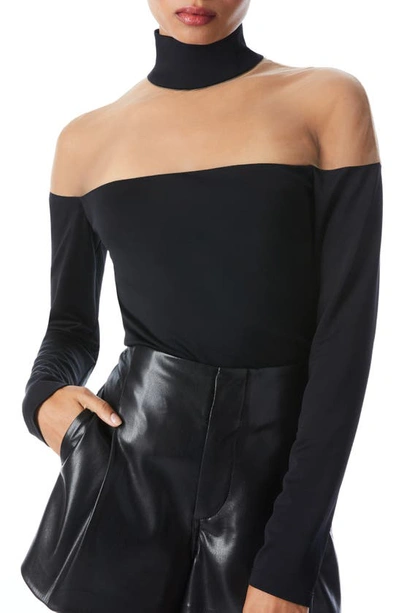 Alice And Olivia Zahra Illusion Neck Long Sleeve Top In Black
