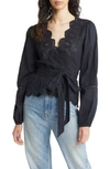 Loveshackfancy Polla Eyelet Cotton Wrap Blouse In Black