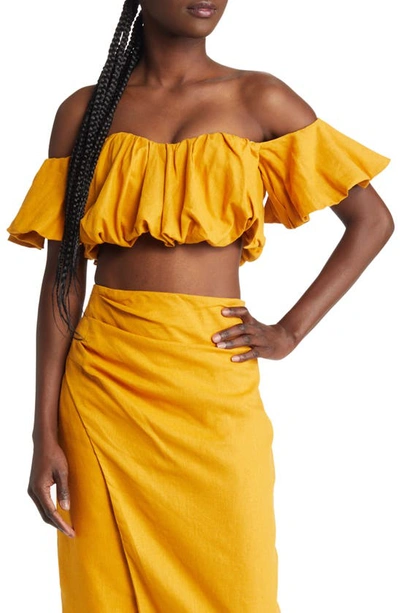 Asos Design Puffball Off Shoulder Top In Mustard - Part Of A Set-yellow