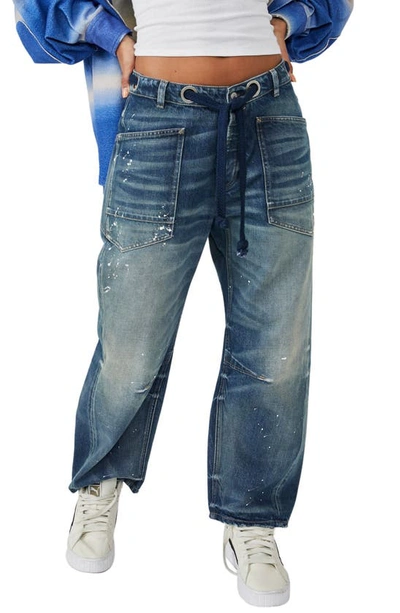 Free People We The Free Moxie Barrel Paint Splatter Jeans In Timeless Blue