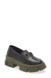 Steve Madden Trifecta Platform Loafer In Black + Olive Green