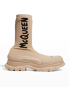 Alexander Mcqueen Men's Logo Graffiti Knit Tread Slick Boots In Khaki Multi