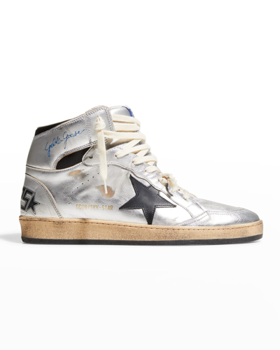 Golden Goose Men's Sky Star Laminated Leather High-top Trainers In Silver/black
