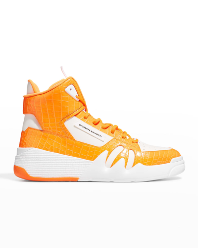 Giuseppe Zanotti Men's Talon High-top Leather Sneakers In White/orange