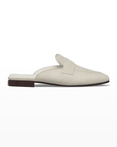 Bougeotte Suede Shearling Penny Loafer Mules In Ivory