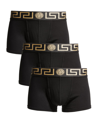 Versace Men's 3-pack Low Rise Greca Trunk In Black/gold Greek