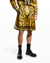 Versace Knee-length Black And Gold Silk Shorts With Barocco Print In Black/gold