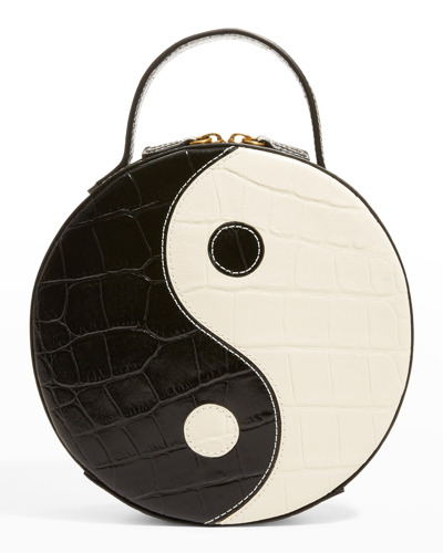 Staud Yin Yang Round Moc-croc Crossbody Bag In Black/cream