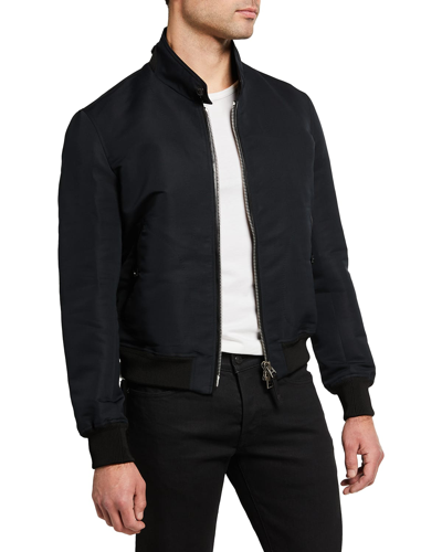 Tom Ford Leather-trimmed Cotton And Silk-blend Poplin Harrington Jacket In Black