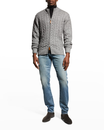 Neiman Marcus Men's Merino Wool-cashmere Full-zip Cable Sweater In Light Grey