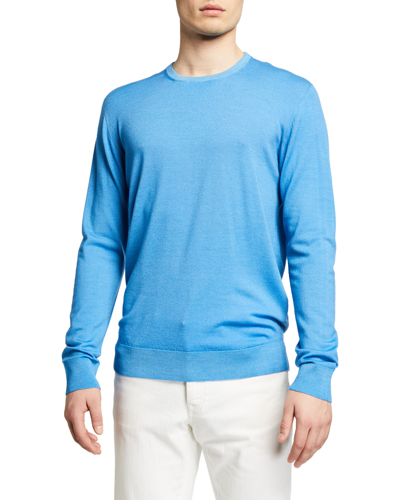 Corneliani Men's Garment-washed Wool Crew Sweater In Light Blue Solid