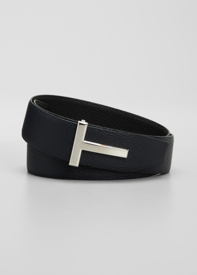Tom Ford Men's Signature T Reversible Leather Belt In Black/navy