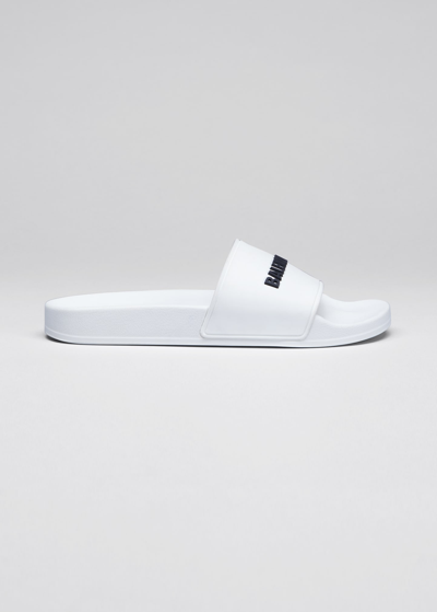 BALENCIAGA LOGO POOL SLIDE SANDALS, WHITE