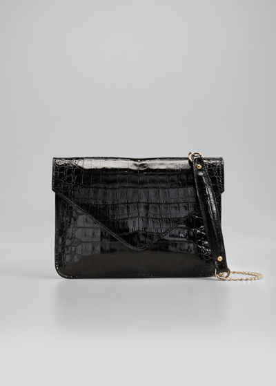 Maria Oliver Crocodile Pouch Wristlet Clutch Bag With Crossbody Strap In Black