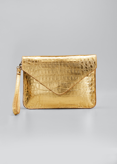 Maria Oliver Crocodile Pouch Wristlet Clutch Bag With Crossbody Strap In Gold