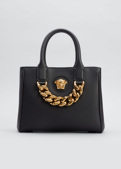Versace La Medusa Small Chain Tote Bag In Black/gold