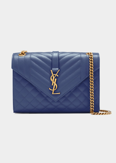 Saint Laurent Triquilt Small Grained Leather Crossbody Bag In Blue Charron