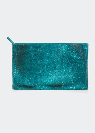 Judith Leiber Allover Crystal Zip Pouch Clutch Bag In Steal Silver/teal