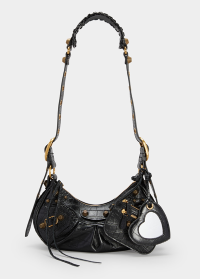 BALENCIAGA LE CAGOLE XS CROC-EMBOSSED SHOULDER BAG