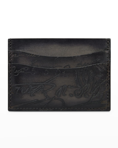 Berluti Men's Bambou Scritto Leather Card Holder In Nero/grigio