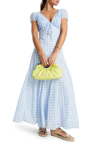 Asos Design Gingham Embroidered Ruched Maxi Dress In Light Blue | ModeSens