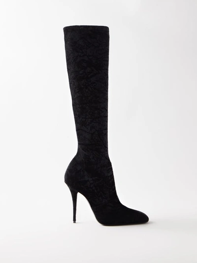 Saint Laurent Talia 110 Crushed-velvet Knee-high Boots In Black