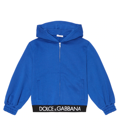 Dolce & Gabbana Kids' Logo Cotton Jersey Zip-up Hoodie In Bluette Scuro