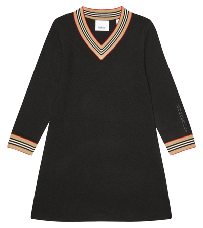 Burberry Kids' Icon Stipe嵌花羊毛混纺连衣裙 In Black