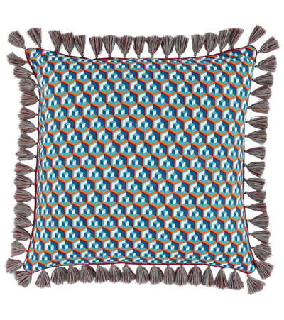 La Doublej Cushion With Fringes (50x50) In Cubi Blu