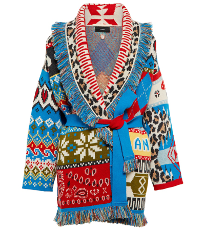 Alanui Oversize Multicolor Cardigan In Wool Cashmere Blend Finishing With Fringes In Red