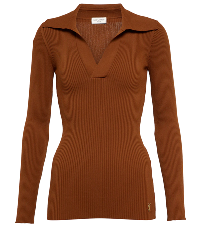 Saint Laurent Embellished Ribbed-knit Polo Jumper In Brown