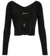 Jacquemus 'la Maille Pralu Longue' Black Ribbed Cardigan With Logo Charm Woman In Black