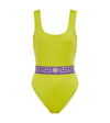 Versace La Greca Waistband One-piece Swimsuit In Pale Avocado+purple